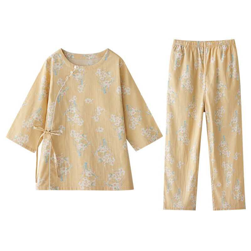 Elegant flora Kimono PJS, Vintage Cotton pyjama set, Traditional Cozy sleepwear, Yellow Kimono loungewear