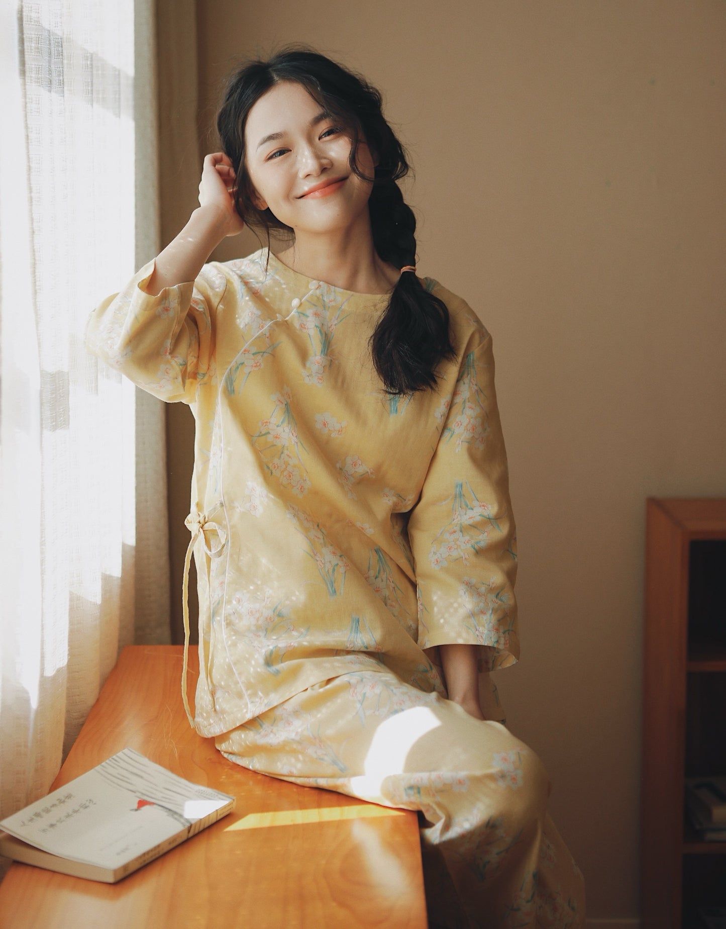 Elegant flora Kimono PJS, Vintage Cotton pyjama set, Traditional Cozy sleepwear, Yellow Kimono loungewear