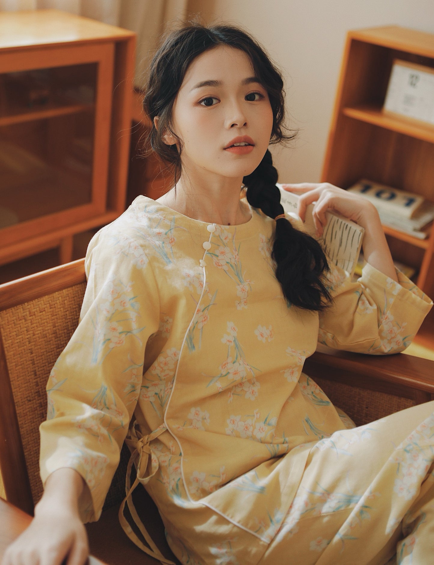 Elegant flora Kimono PJS, Vintage Cotton pyjama set, Traditional Cozy sleepwear, Yellow Kimono loungewear