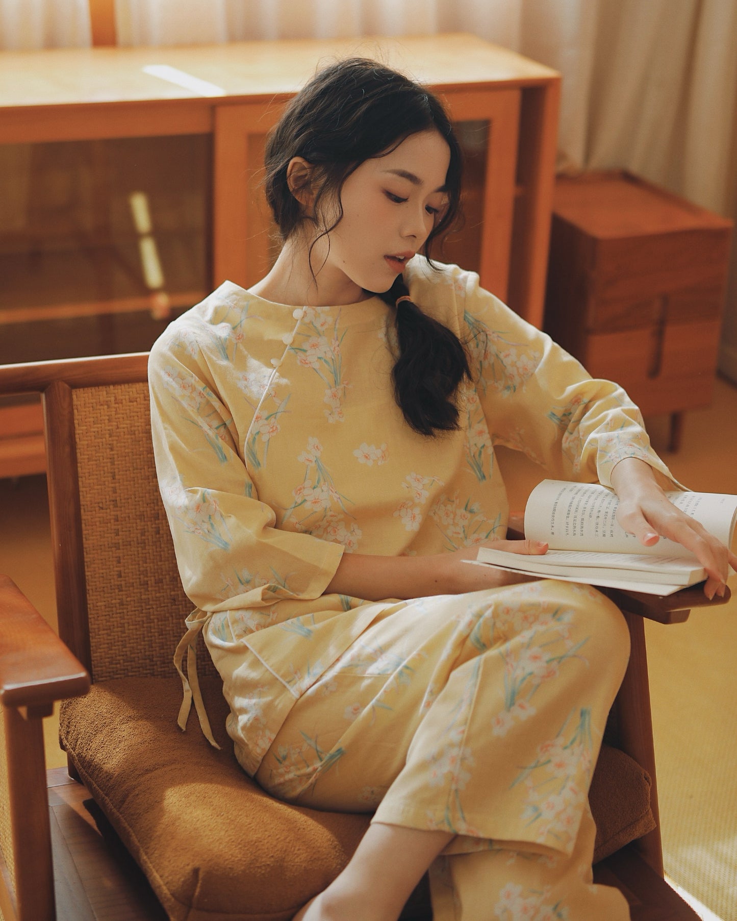 Elegant flora Kimono PJS, Vintage Cotton pyjama set, Traditional Cozy sleepwear, Yellow Kimono loungewear