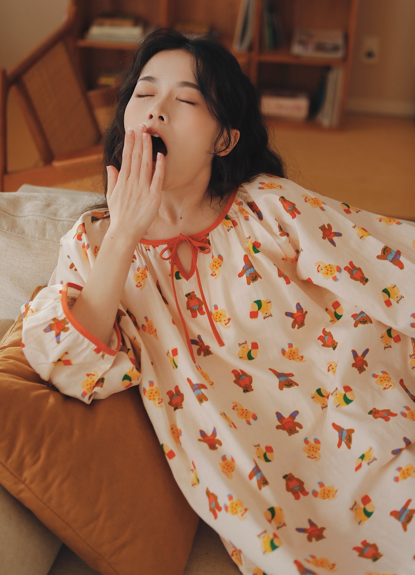 Cute bear pattern Nightgown: Pure cotton Morning Gown - Cottagecore Clothing with Vintage Vibes - Soft Nightie