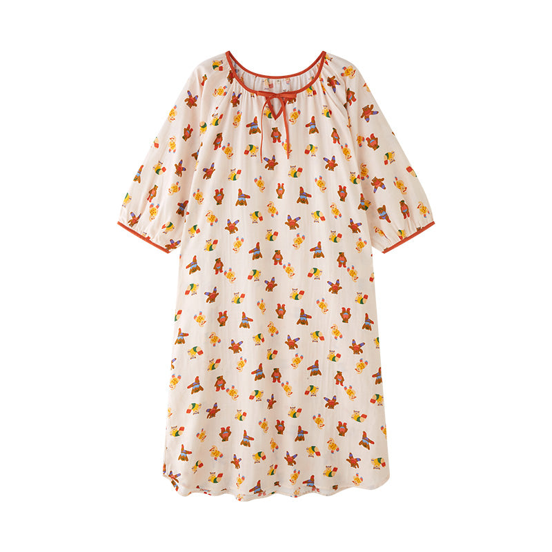 Cute bear pattern Nightgown: Pure cotton Morning Gown - Cottagecore Clothing with Vintage Vibes - Soft Nightie