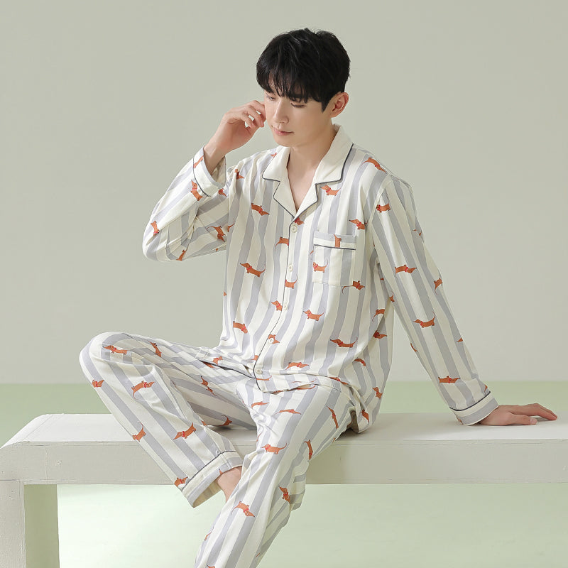 Dachshund Patterned Pajamas: Adorable Puppy-Print Sleepwear, 100% Cotton Men's Pyjamas, Ideal Gift for Him