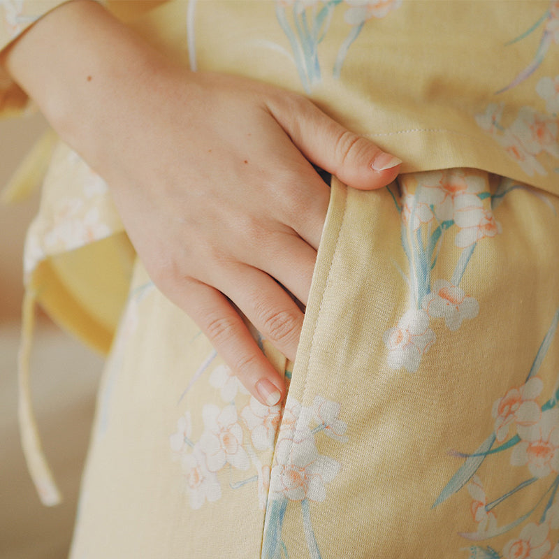 Elegant flora Kimono PJS, Vintage Cotton pyjama set, Traditional Cozy sleepwear, Yellow Kimono loungewear