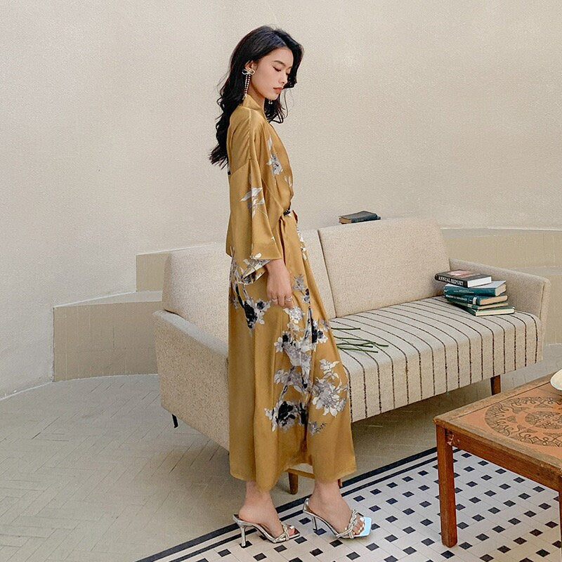 Bohemian Chic Kimono Robe: Silky Beach Gown, Gold Dressing Gown for Women - Perfect Honeymoon Lounge Wear