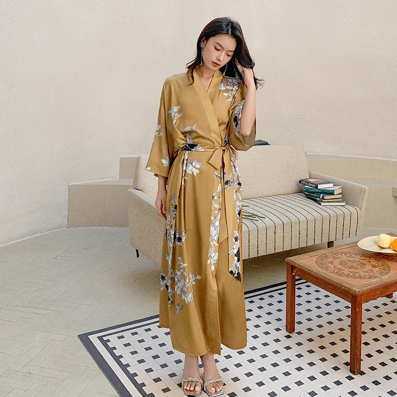 Bohemian Chic Kimono Robe: Silky Beach Gown, Gold Dressing Gown for Women - Perfect Honeymoon Lounge Wear