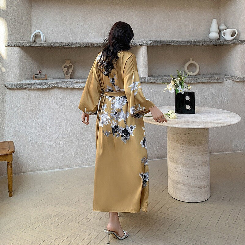 Bohemian Chic Kimono Robe: Silky Beach Gown, Gold Dressing Gown for Women - Perfect Honeymoon Lounge Wear