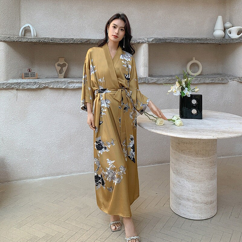 Bohemian Chic Kimono Robe: Silky Beach Gown, Gold Dressing Gown for Women - Perfect Honeymoon Lounge Wear