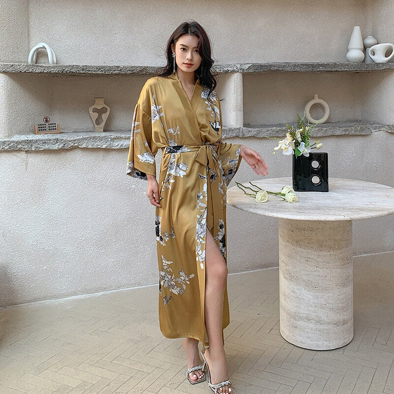 Bohemian Chic Kimono Robe: Silky Beach Gown, Gold Dressing Gown for Women - Perfect Honeymoon Lounge Wear