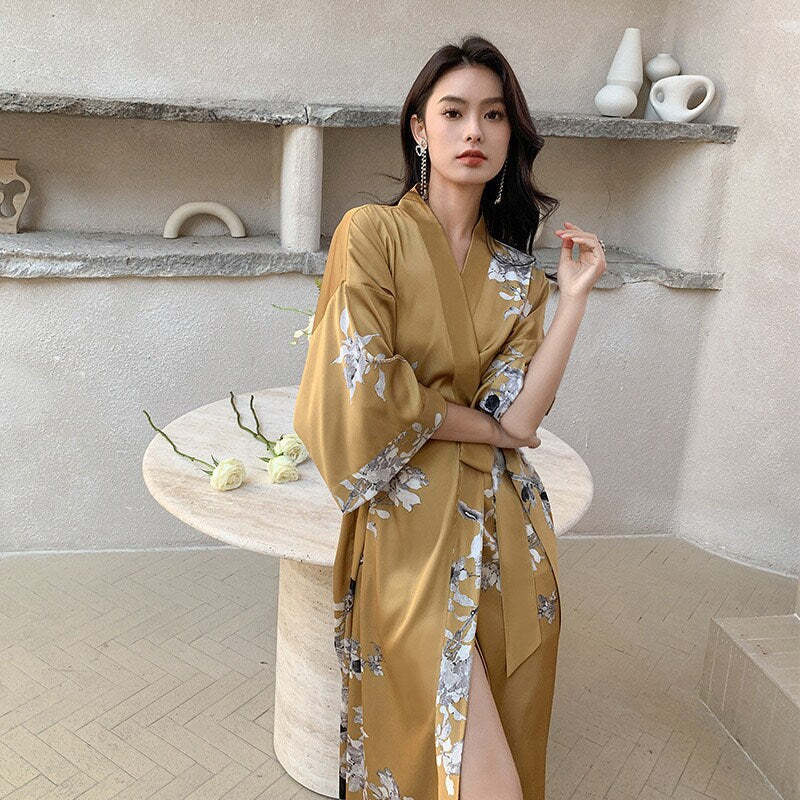 Bohemian Chic Kimono Robe: Silky Beach Gown, Gold Dressing Gown for Women - Perfect Honeymoon Lounge Wear