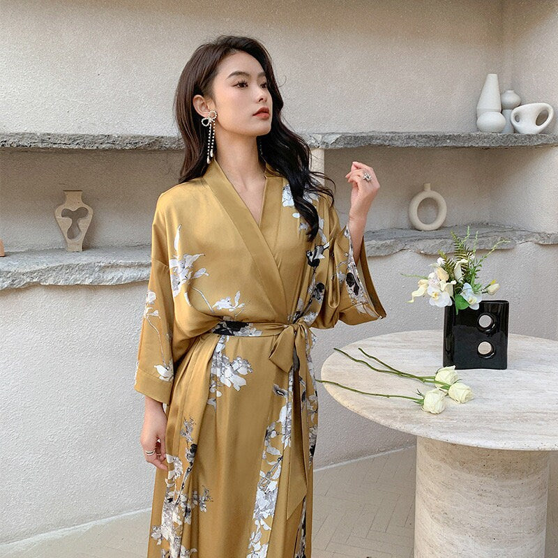 Bohemian Chic Kimono Robe: Silky Beach Gown, Gold Dressing Gown for Women - Perfect Honeymoon Lounge Wear