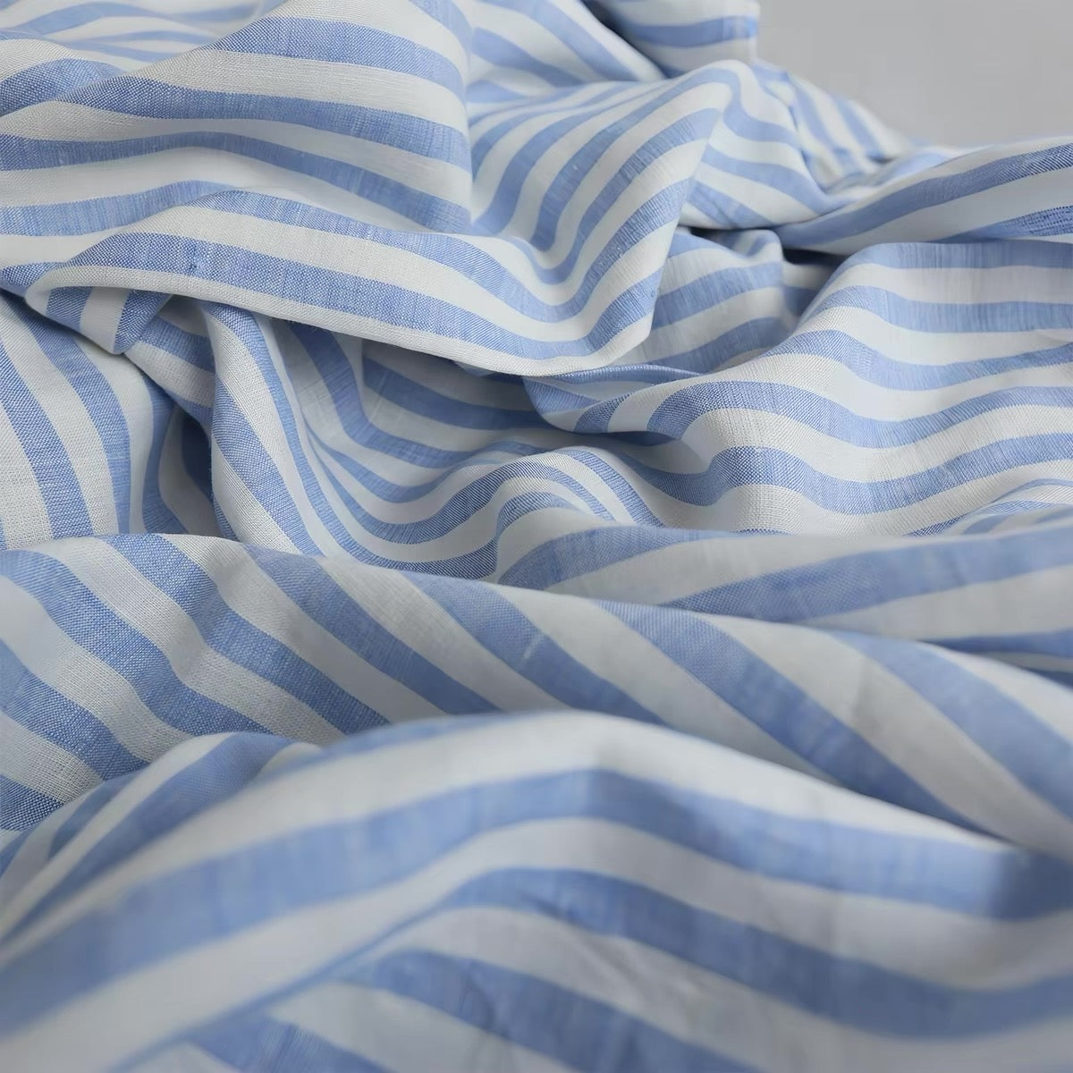 Blue Stripe Linen Fabric, Medium Weight, Stone Washed, 110 Inch Width
