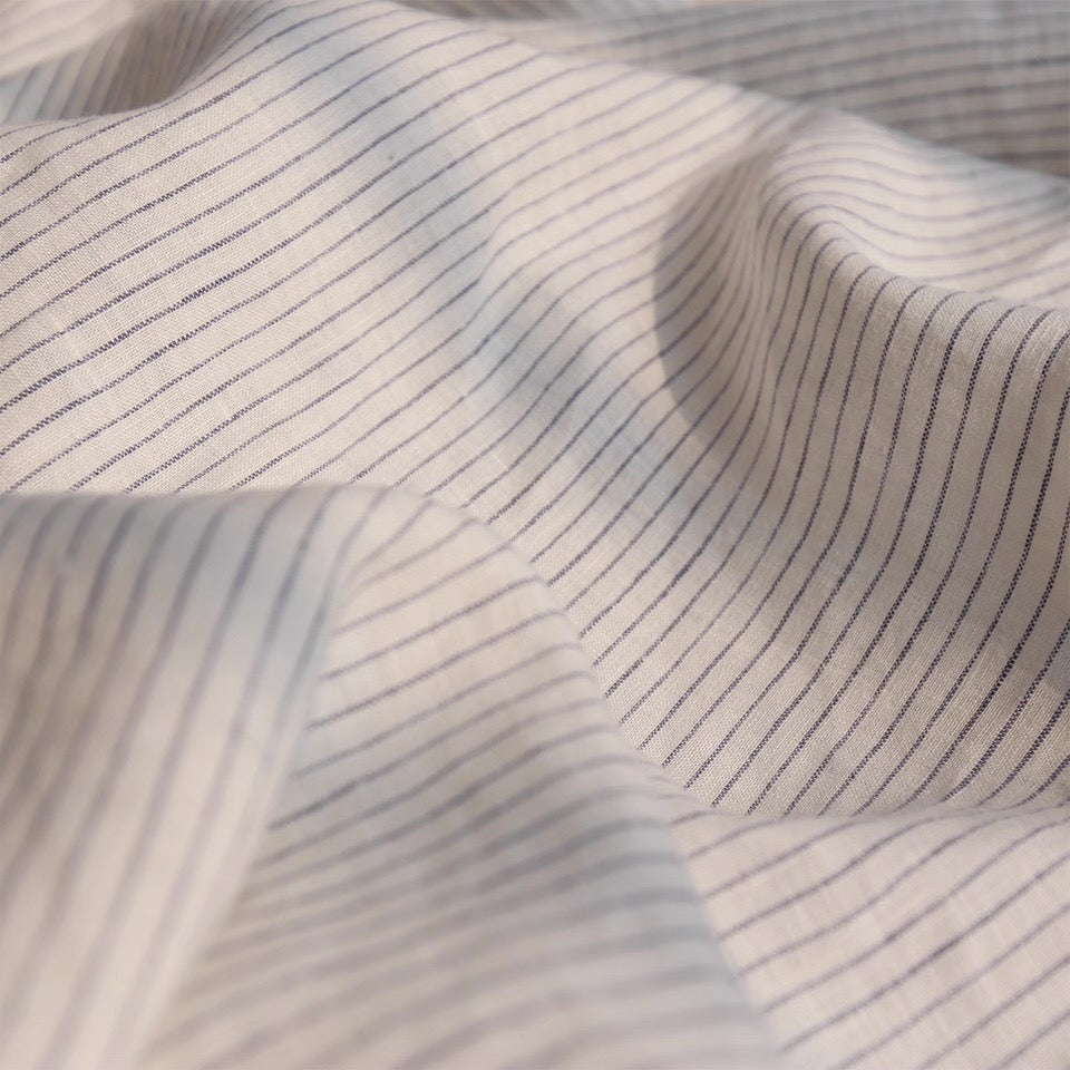 Navy Blue Pinstripe Linen Fabric, Medium Weight, Stone Washed, 110 Inch Width