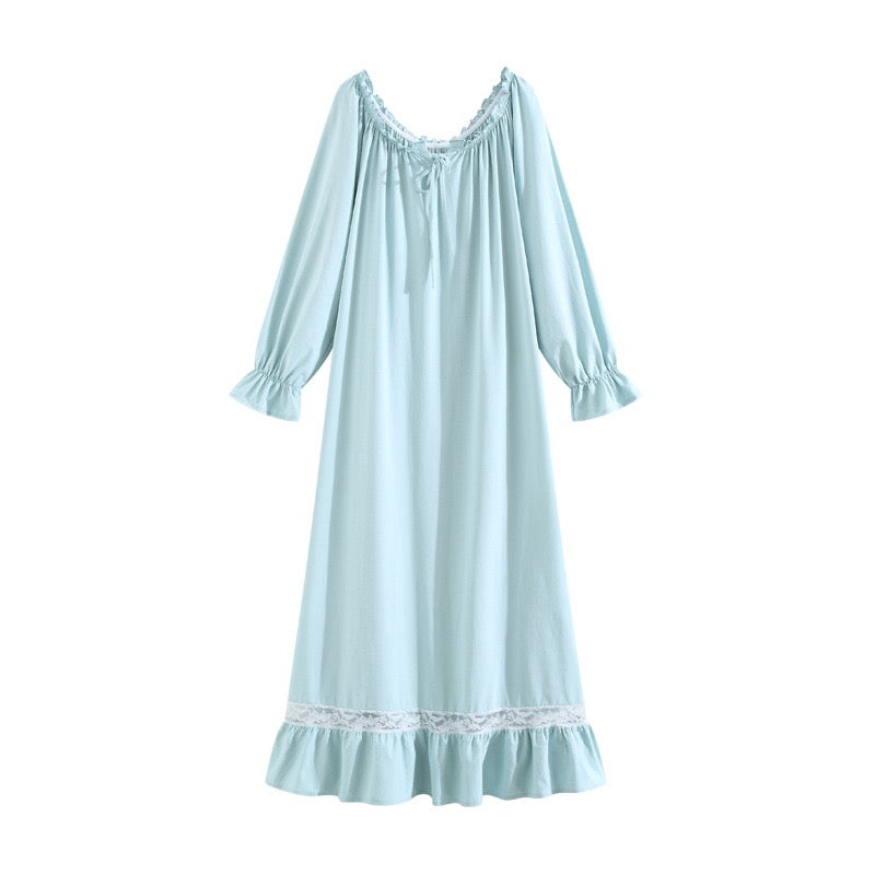 Light Turquoise Lace Deco nighgown, Cozy elegant cotton Nightie, Maxi Vintage Long Nightgown