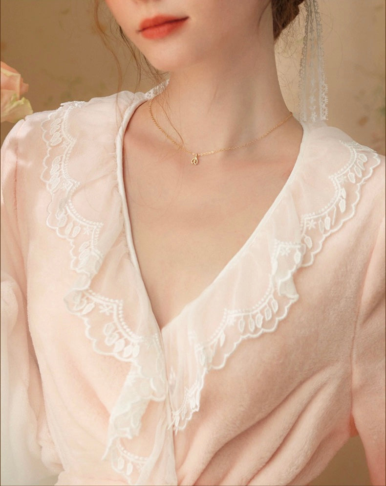 Luxurious Red Wine Velvet Long Bathrobe with Lace Deco Trim: Soft Elegance and Warm Comfort