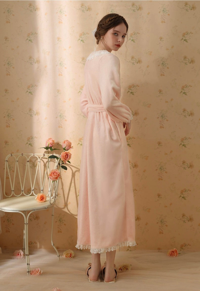 Luxurious Red Wine Velvet Long Bathrobe with Lace Deco Trim: Soft Elegance and Warm Comfort