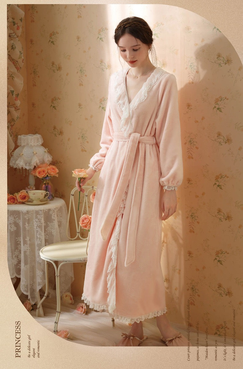 Luxurious Red Wine Velvet Long Bathrobe with Lace Deco Trim: Soft Elegance and Warm Comfort