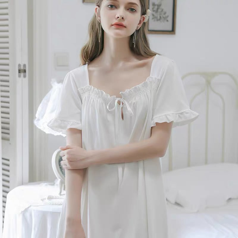 Short Sleeve Elegance: Square Neck White Nightgown Dress - Perfect Valentine's Day Gift!