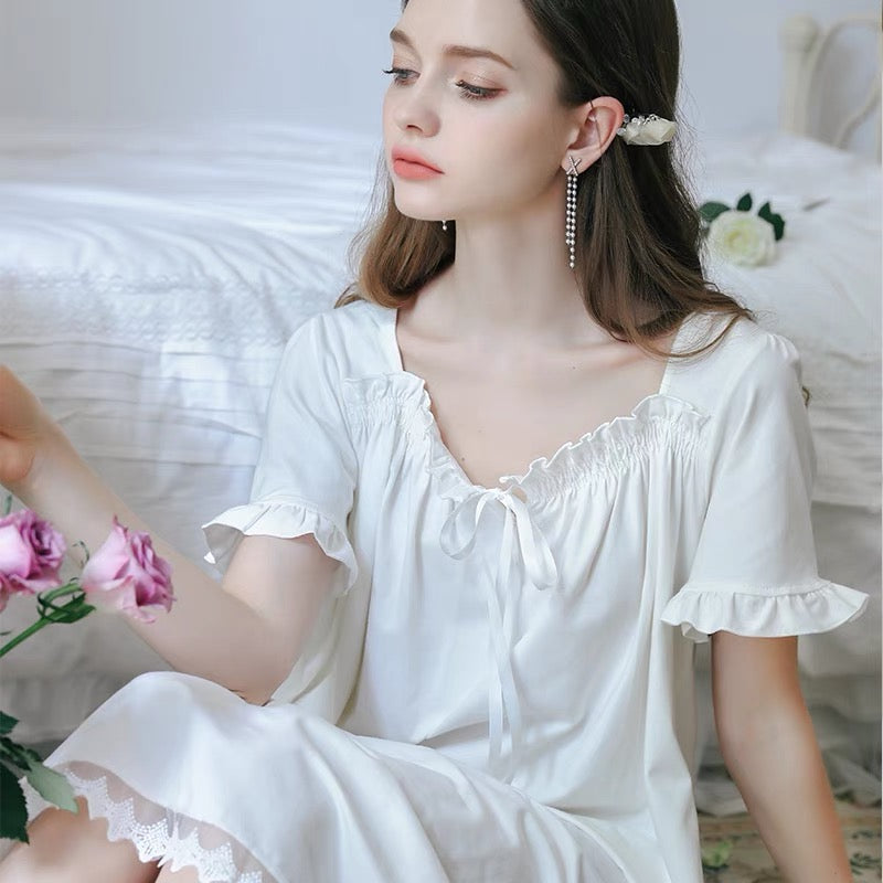 Short Sleeve Elegance: Square Neck White Nightgown Dress - Perfect Valentine's Day Gift!