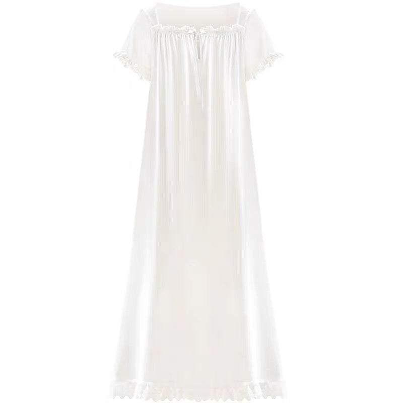 Short Sleeve Elegance: Square Neck White Nightgown Dress - Perfect Valentine's Day Gift!
