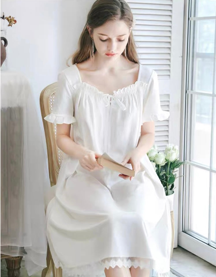 Short Sleeve Elegance: Square Neck White Nightgown Dress - Perfect Valentine's Day Gift!