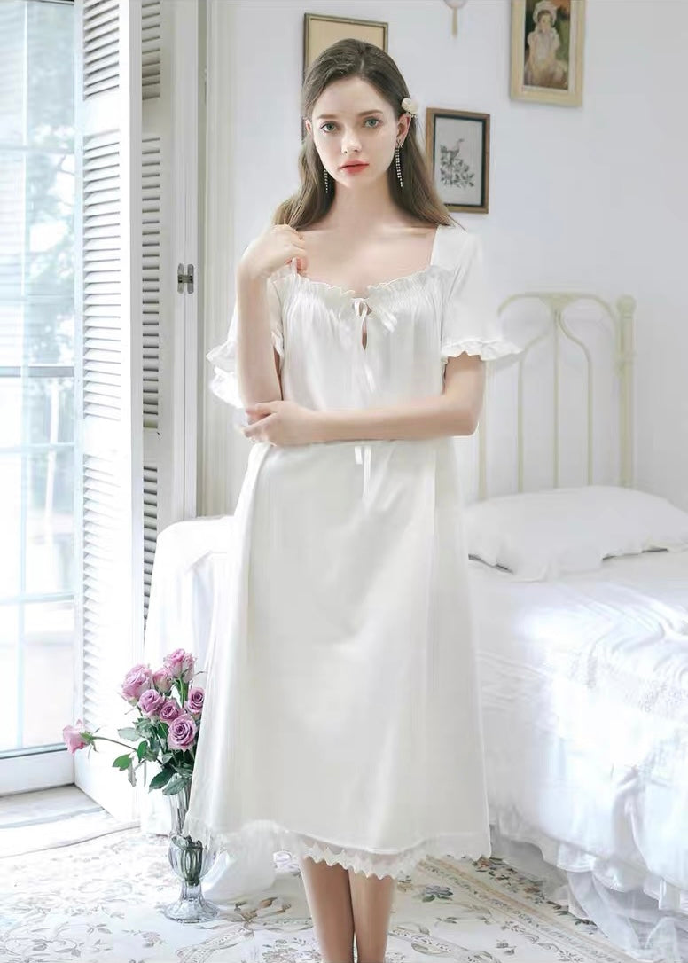 Short Sleeve Elegance: Square Neck White Nightgown Dress - Perfect Valentine's Day Gift!