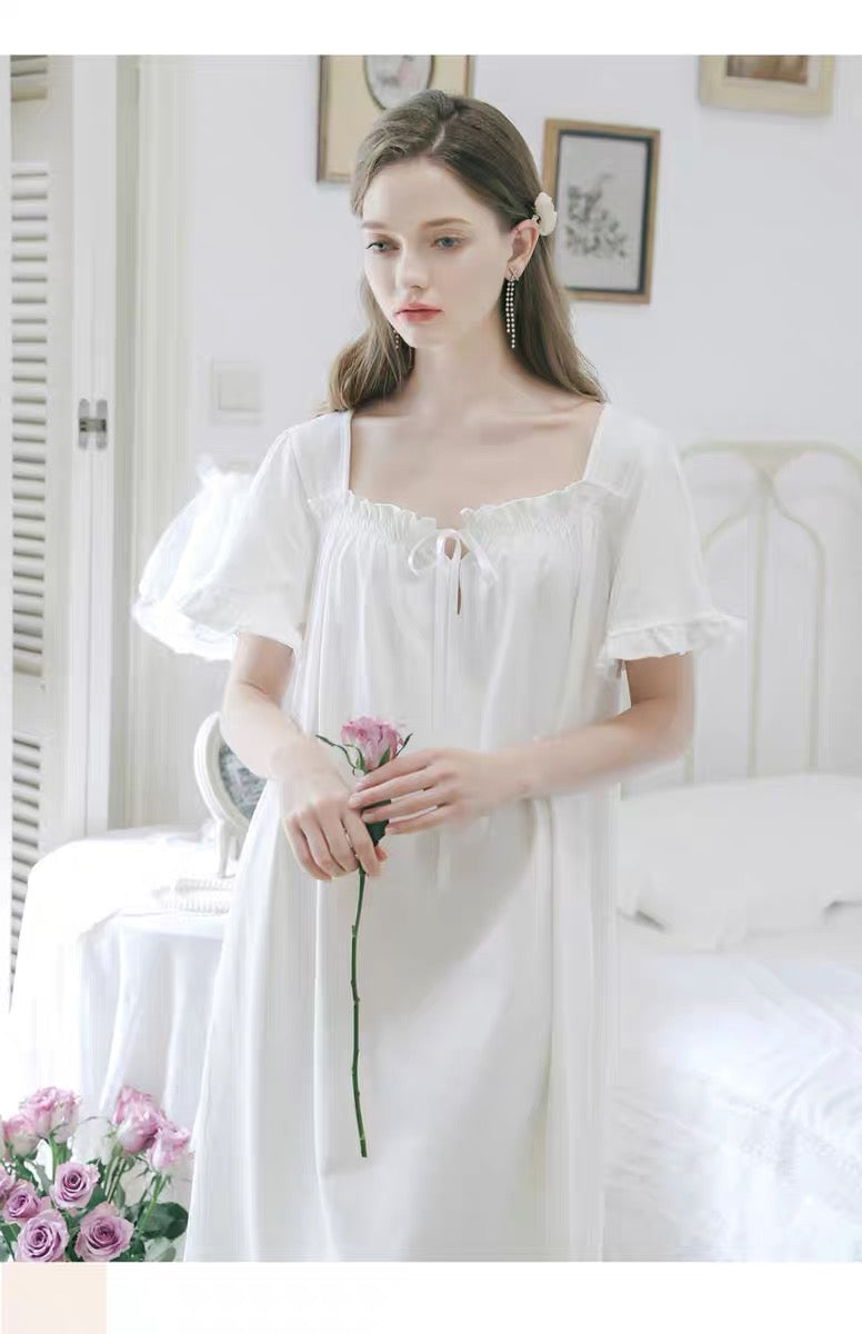 Short Sleeve Elegance: Square Neck White Nightgown Dress - Perfect Valentine's Day Gift!