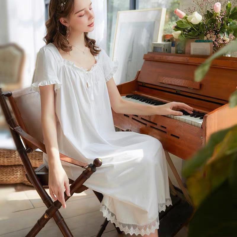 Short Sleeve Elegance: Square Neck White Nightgown Dress - Perfect Valentine's Day Gift!