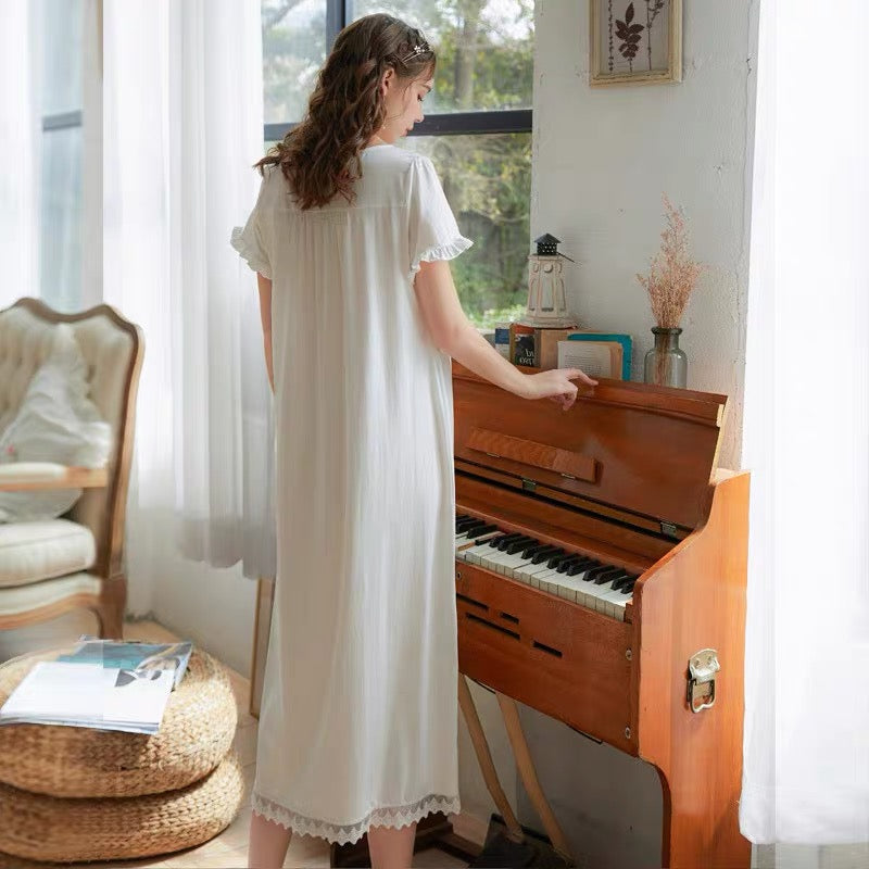 Short Sleeve Elegance: Square Neck White Nightgown Dress - Perfect Valentine's Day Gift!
