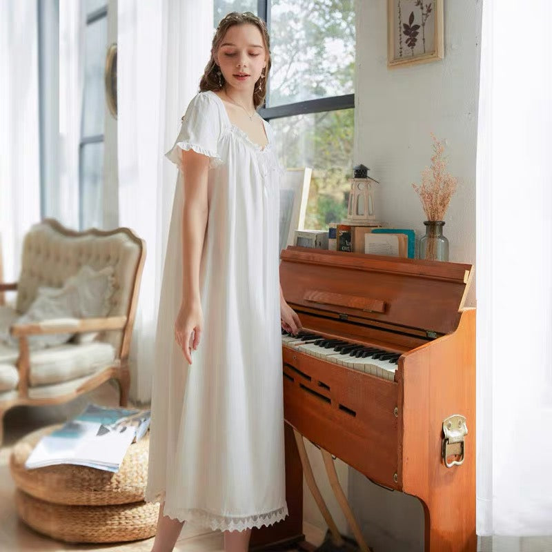 Short Sleeve Elegance: Square Neck White Nightgown Dress - Perfect Valentine's Day Gift!