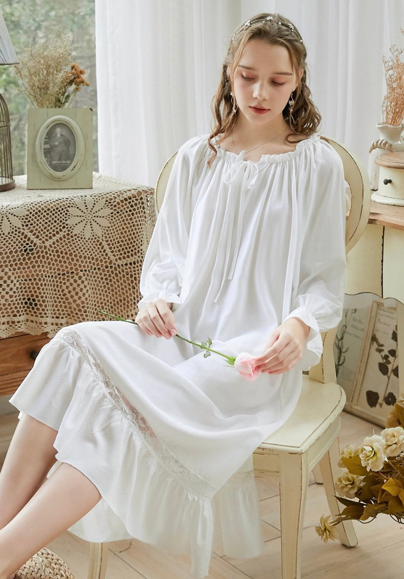 White Lace Deco Dress - Cotton Nightgown for Effortless Elegance and Cozy Loungewear, a Perfect Valentine's Day Gift