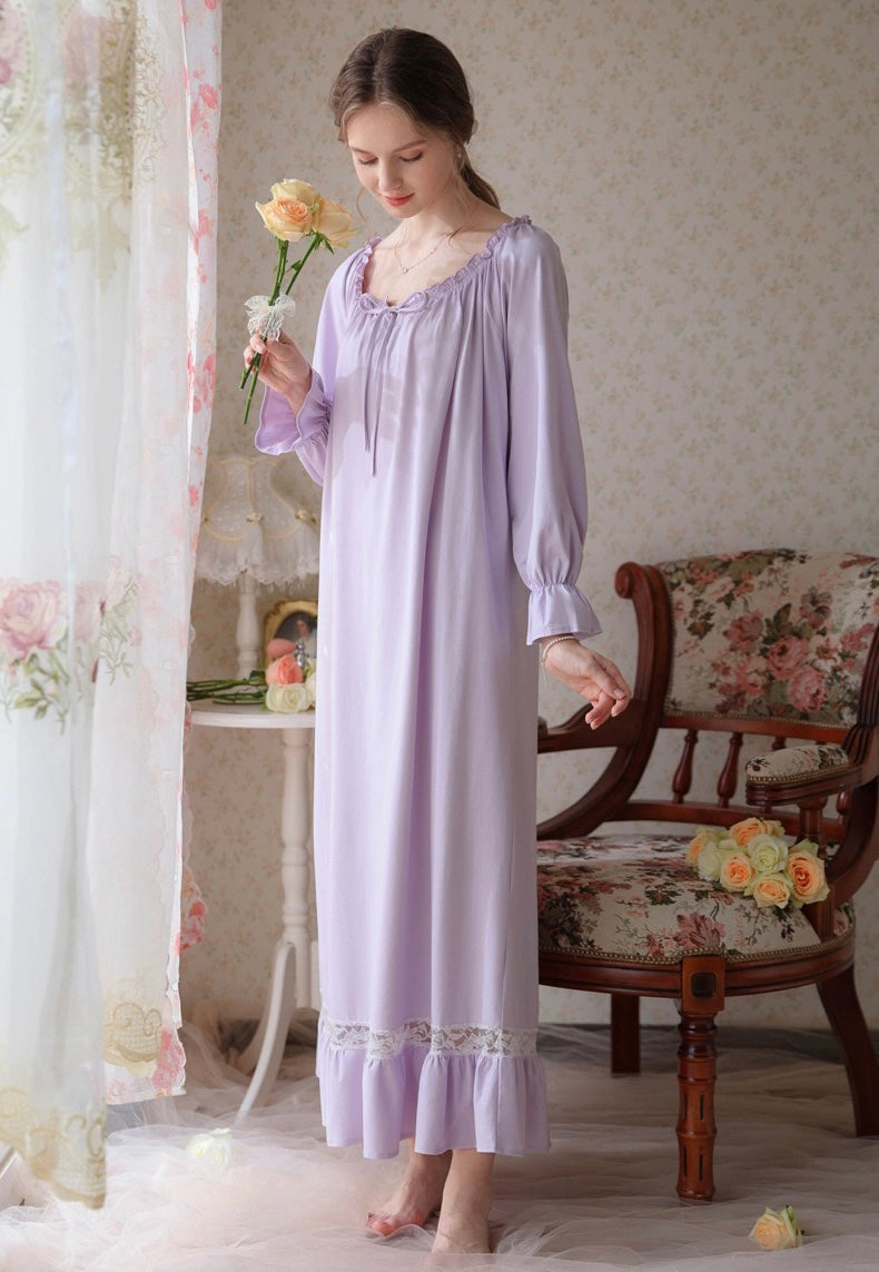 Purple Lace Deco dress, Cotton Nightgown, Purple sleepwear, Elegant nightie, Valentine's Day gift