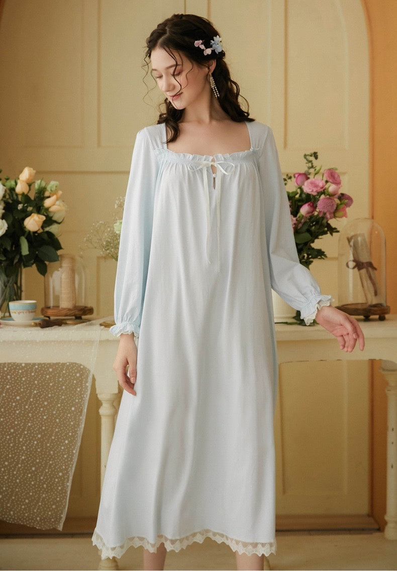 Vintage blue night gown, Elegant Lace Deco dress, Cozy cotton Nightie, Vintage nightie