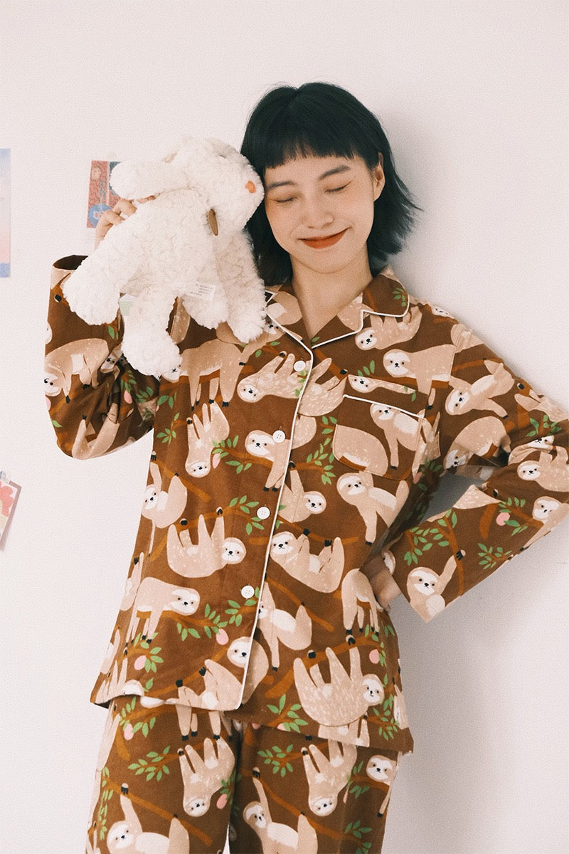 Silly slow sloth print PJS, Coffee color cotton pyjama set, 100% cotton soft sleepwear