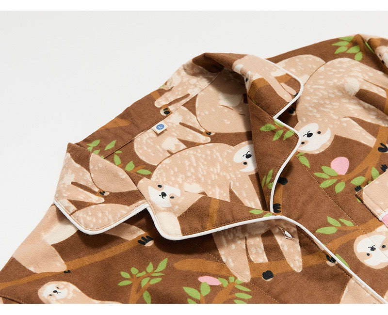 Silly slow sloth print PJS, Coffee color cotton pyjama set, 100% cotton soft sleepwear