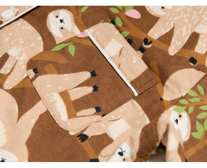 Silly slow sloth print PJS, Coffee color cotton pyjama set, 100% cotton soft sleepwear