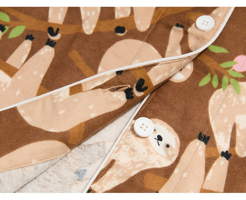 Silly slow sloth print PJS, Coffee color cotton pyjama set, 100% cotton soft sleepwear