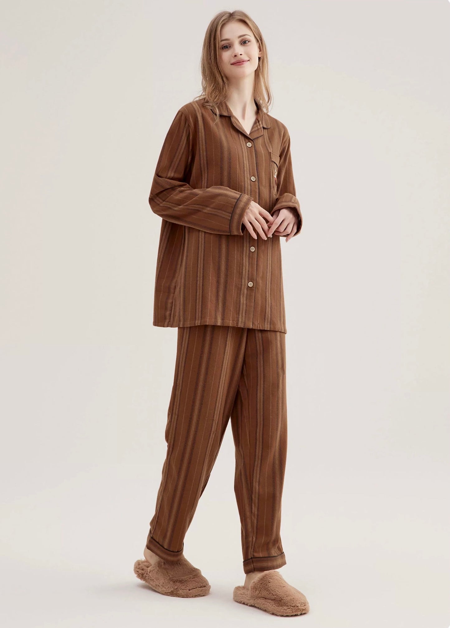 Coffee Striped Pajamas: Cotton Pajama Set - Unique Loungewear for Soft Sleepwear