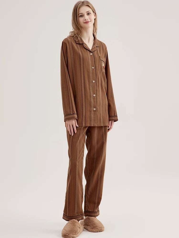 Coffee Striped Pajamas: Cotton Pajama Set - Unique Loungewear for Soft Sleepwear