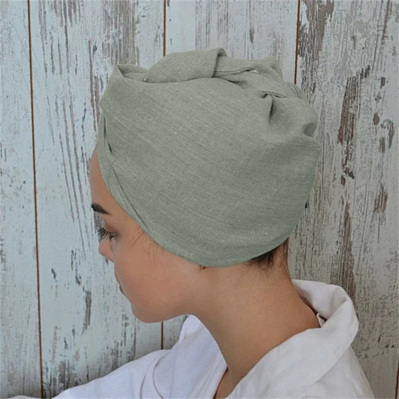 Pure Linen Hair Towel Turban – Quick Dry Head Wrap with Button
