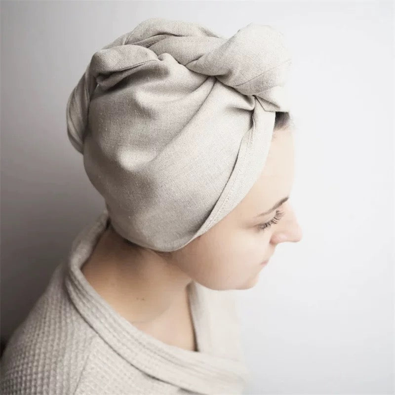 Pure Linen Hair Towel Turban – Quick Dry Head Wrap with Button