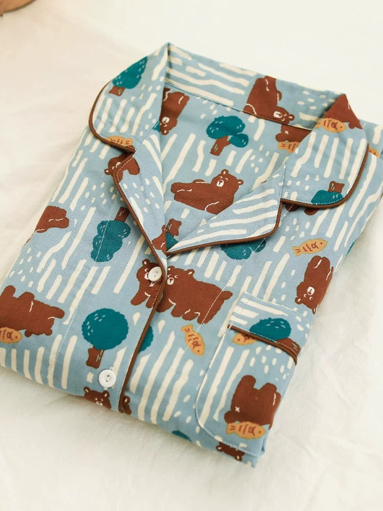 Women's Brown Bear Print Pajamas - Long Sleeve and Pants Set, Cotton comfortable Sleepwear