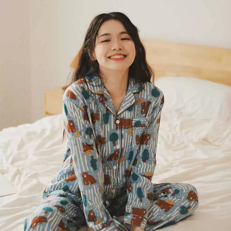 Women's Brown Bear Print Pajamas - Long Sleeve and Pants Set, Cotton comfortable Sleepwear