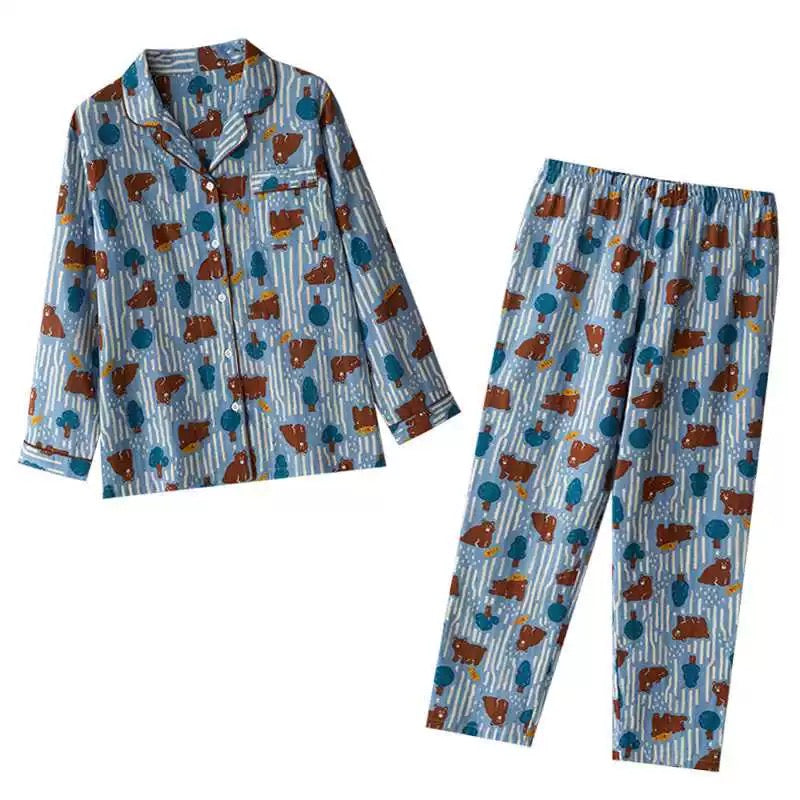 Women's Brown Bear Print Pajamas - Long Sleeve and Pants Set, Cotton comfortable Sleepwear