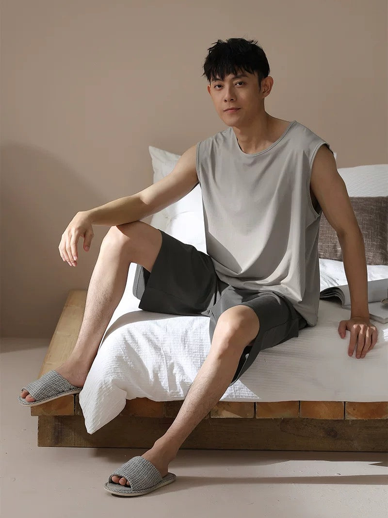 Men's lounge set, Tank with Pocketed Shorts, Minimalist PJS, Back to school