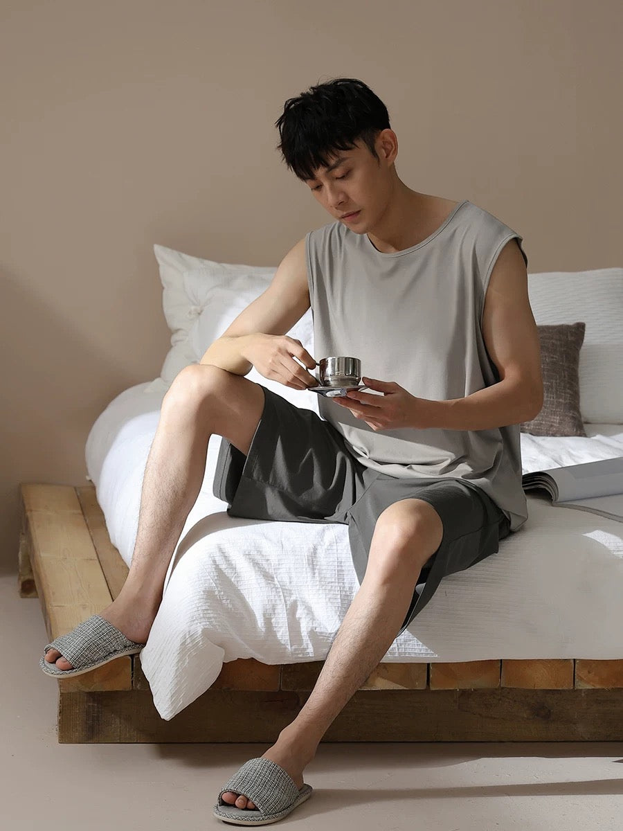 Men's lounge set, Tank with Pocketed Shorts, Minimalist PJS, Back to school