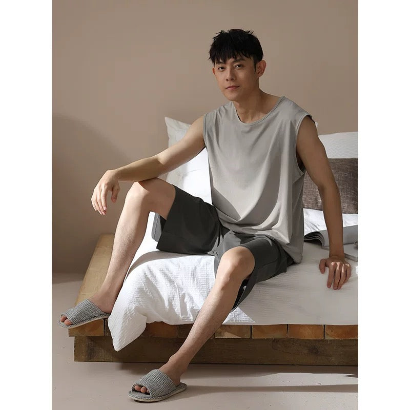 Men's lounge set, Tank with Pocketed Shorts, Minimalist PJS, Back to school