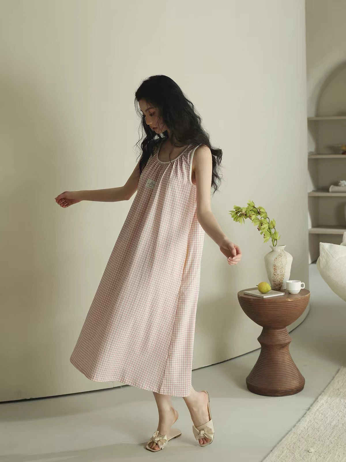 Pink Gingham Cotton Lounge Dress ETCOZY