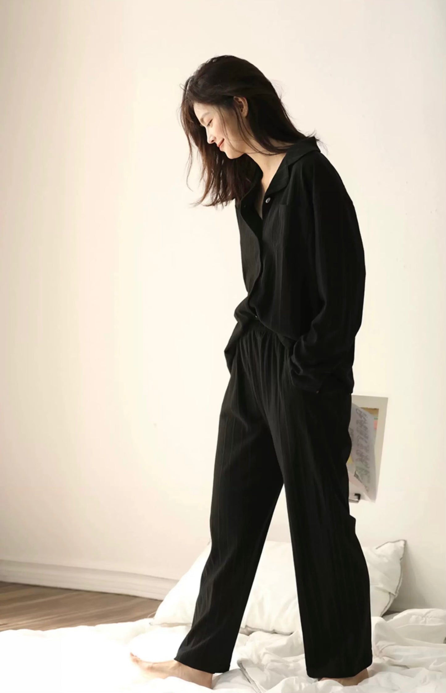 Classic Black Sleepwear, 100% Cotton Women's Lounge Set, Loungewear For Travel