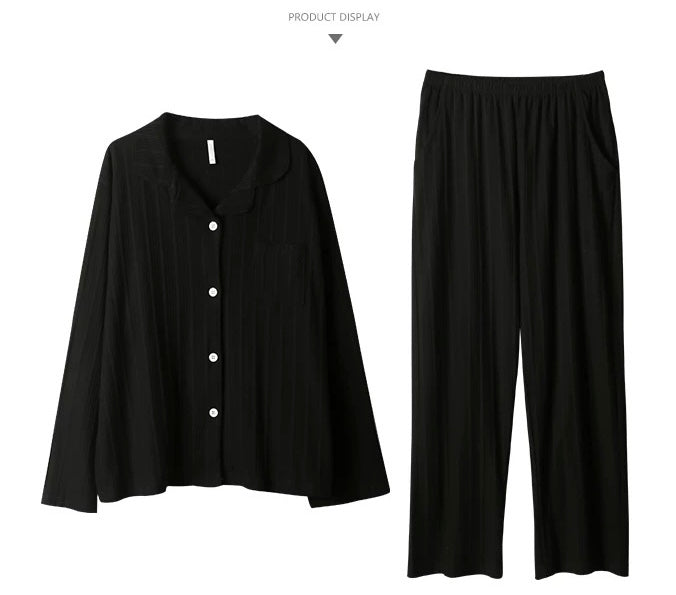 Classic Black Sleepwear, 100% Cotton Women's Lounge Set, Loungewear For Travel